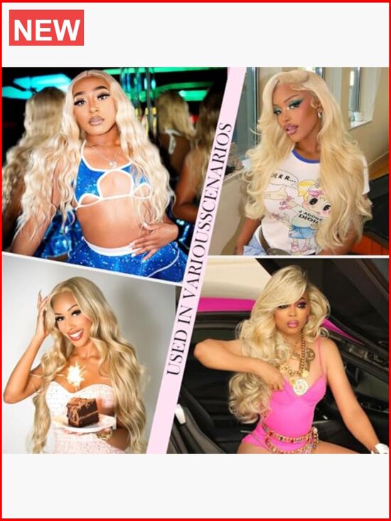 28 Inch 13x6 Lace Front Wig Human Hair 200 Density Body Wave Blonde HD Lace main image 6